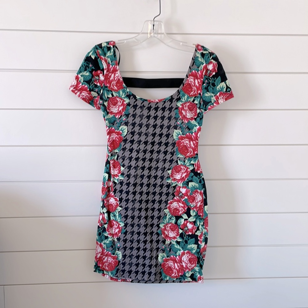 Material Girl Floral and Houndstooth Mini Dress - Red, Green, Black
